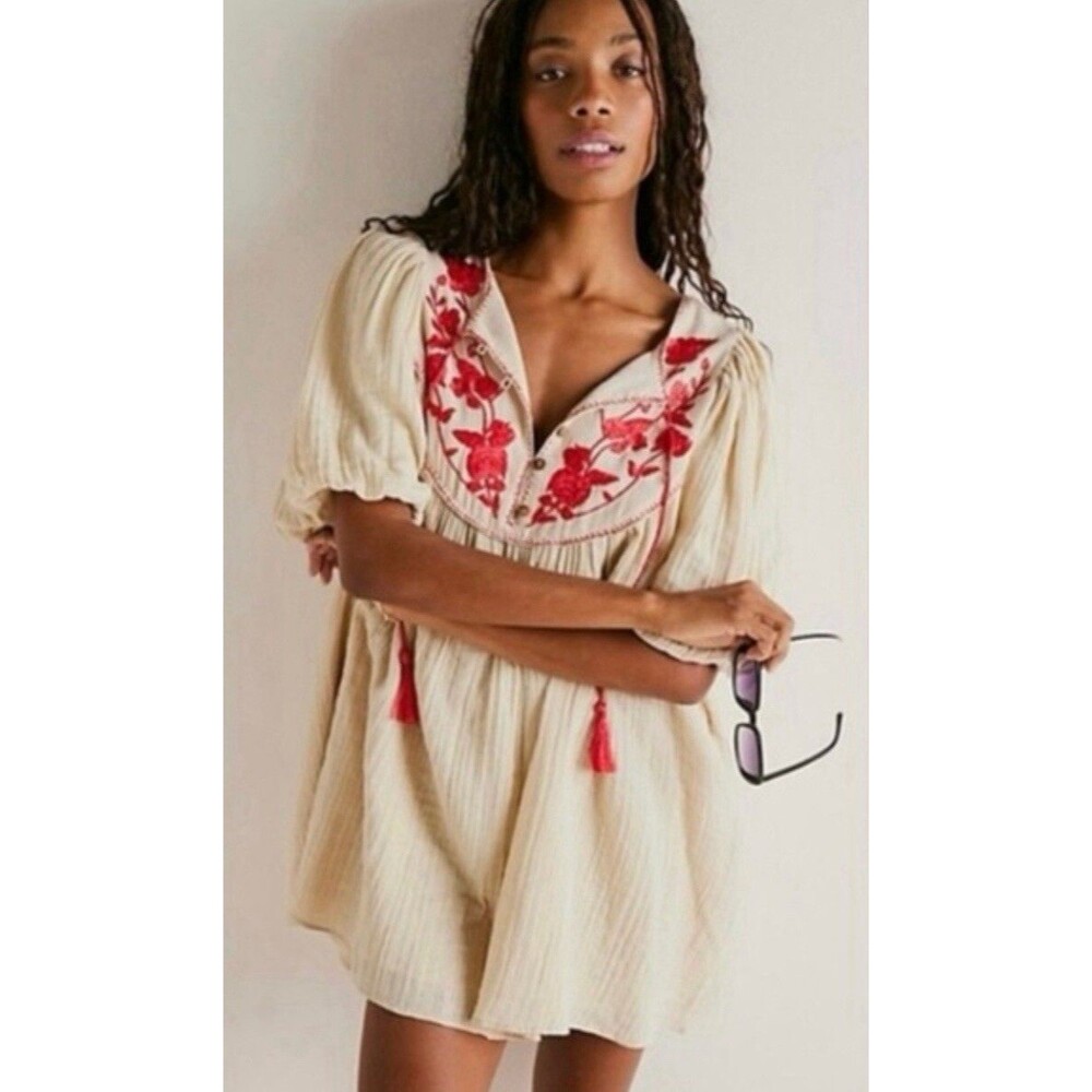 Free People Mini Dress Cotton Red Rosa Linda Tunic Floral Vacay Size XS NWT